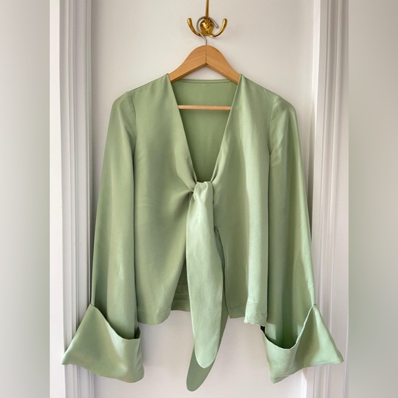 Djerf Avenue Tie Top Long Sleeve in Pistachio - Picture 1 of 10